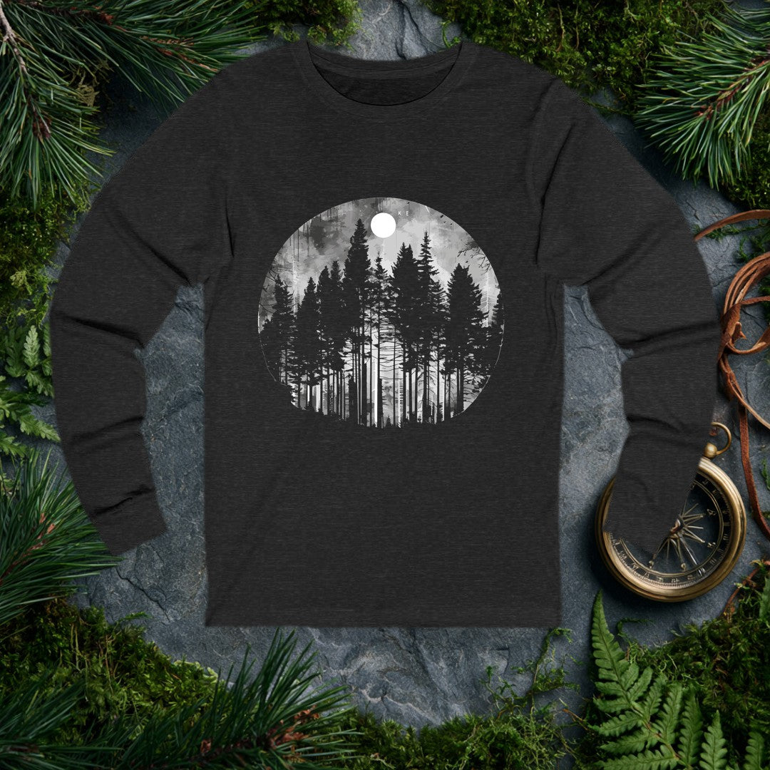 A full moon rises above a stand of snow-dusted evergreens, the whole scene held inside a soft circle like a view through frosted glass — built for the person…