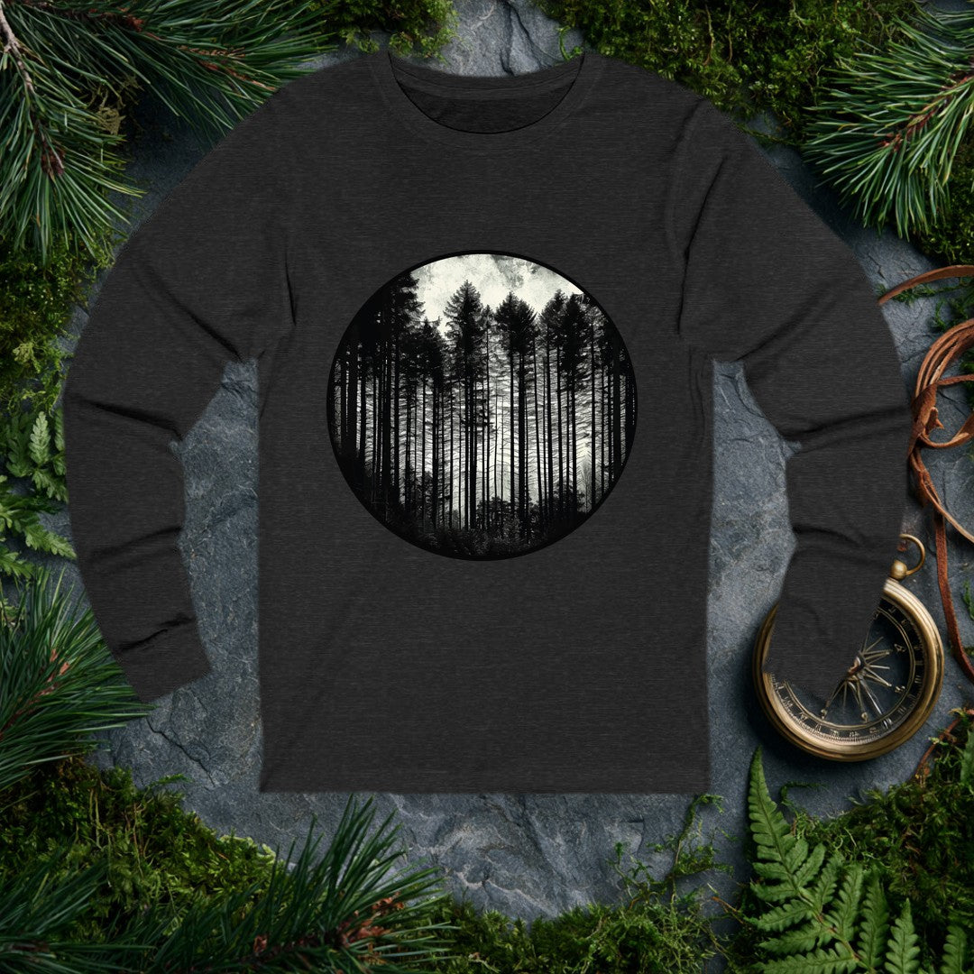 Tall conifers rise in silhouette against a pale, overcast sky, framed inside a bold circle — for the person who feels most at home when the trail disappears…