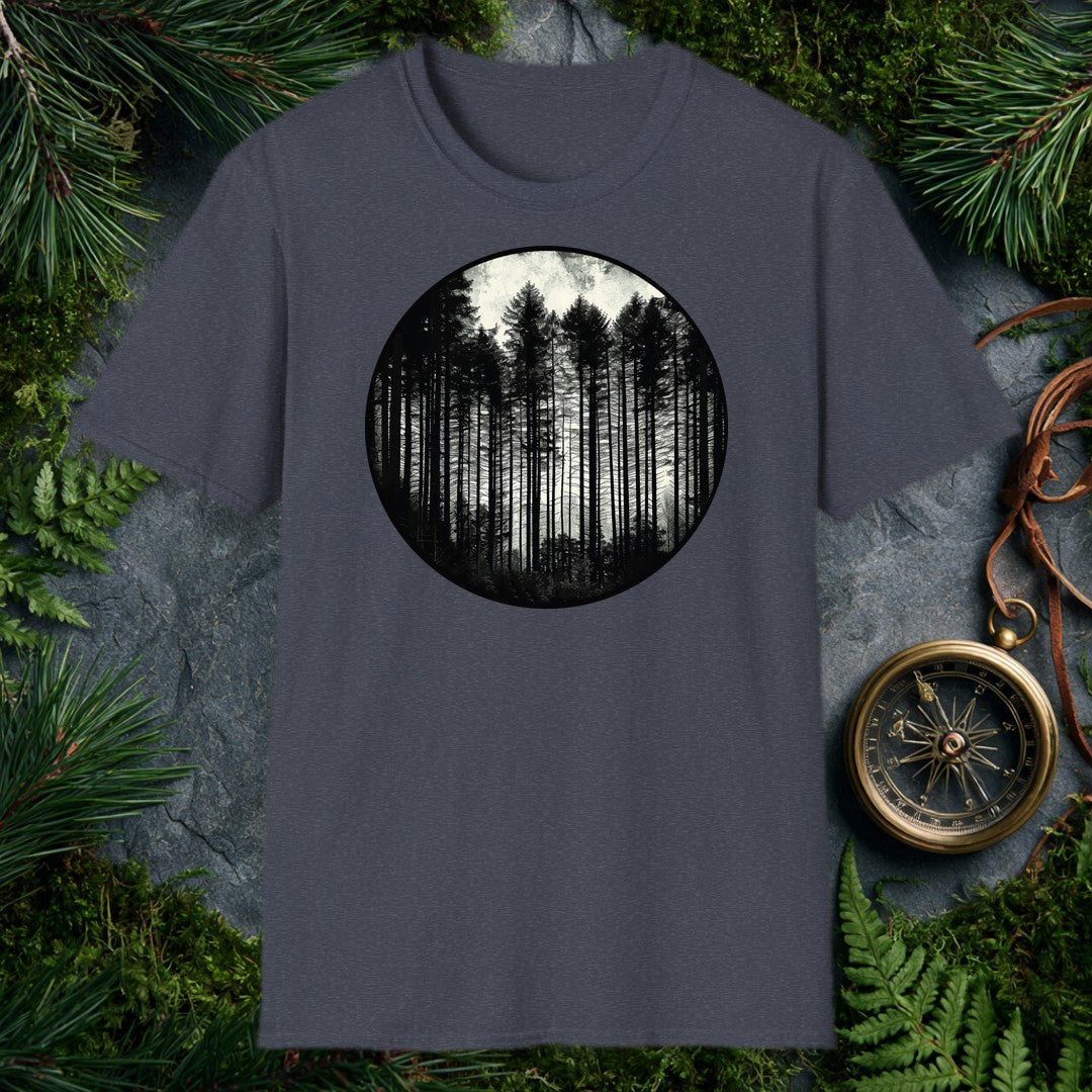 Tall conifers rise in silhouette against a pale, overcast sky, framed inside a bold circle — for the person who feels most at home when the trail disappears…