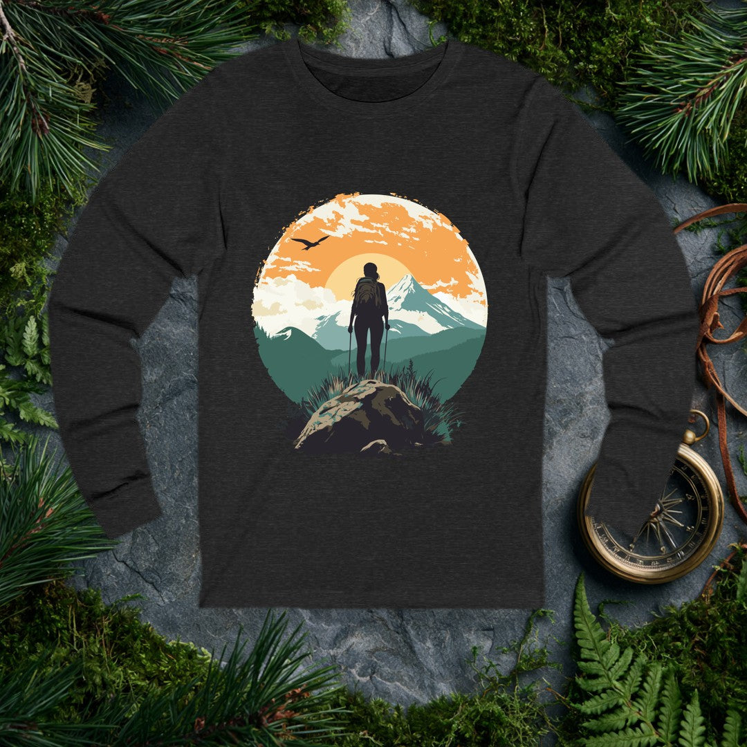 A lone hiker stands on a rocky outcrop, trekking poles in hand, backpack loaded, watching a warm sun rise behind snow-capped peaks while a bird cuts through…