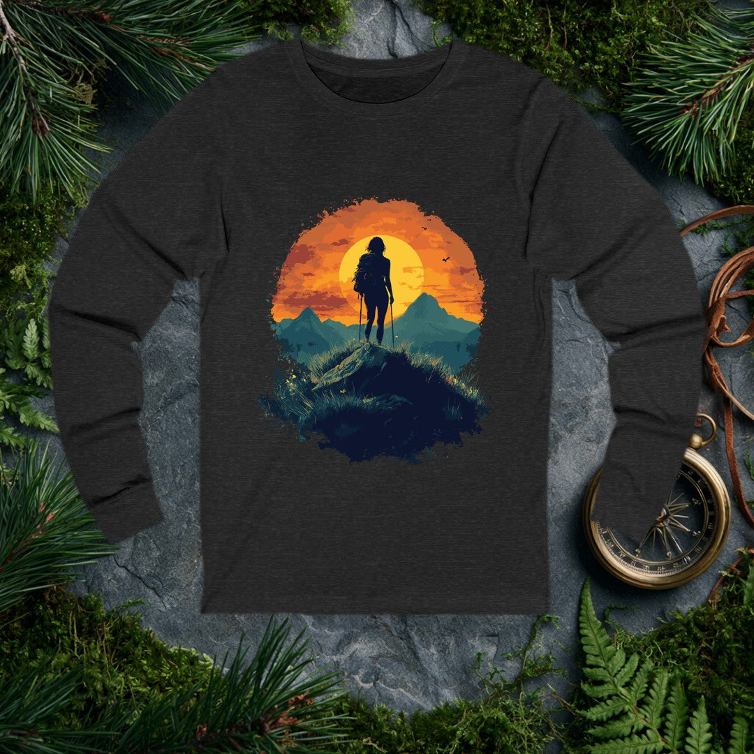 A lone hiker stands on a rocky crest, trekking poles planted, backpack loaded, silhouetted against a wide setting sun ringed in brushstroke orange and teal…