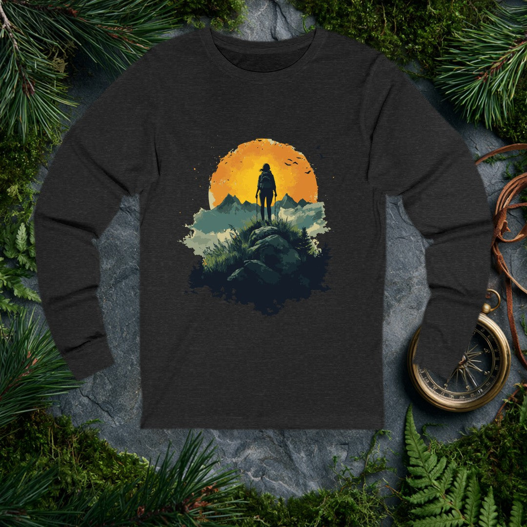 A lone woman crests a rocky ridgeline at sunset, trekking poles in hand, silhouetted against a wide amber sun while birds lift off above the peaks — drawn for…
