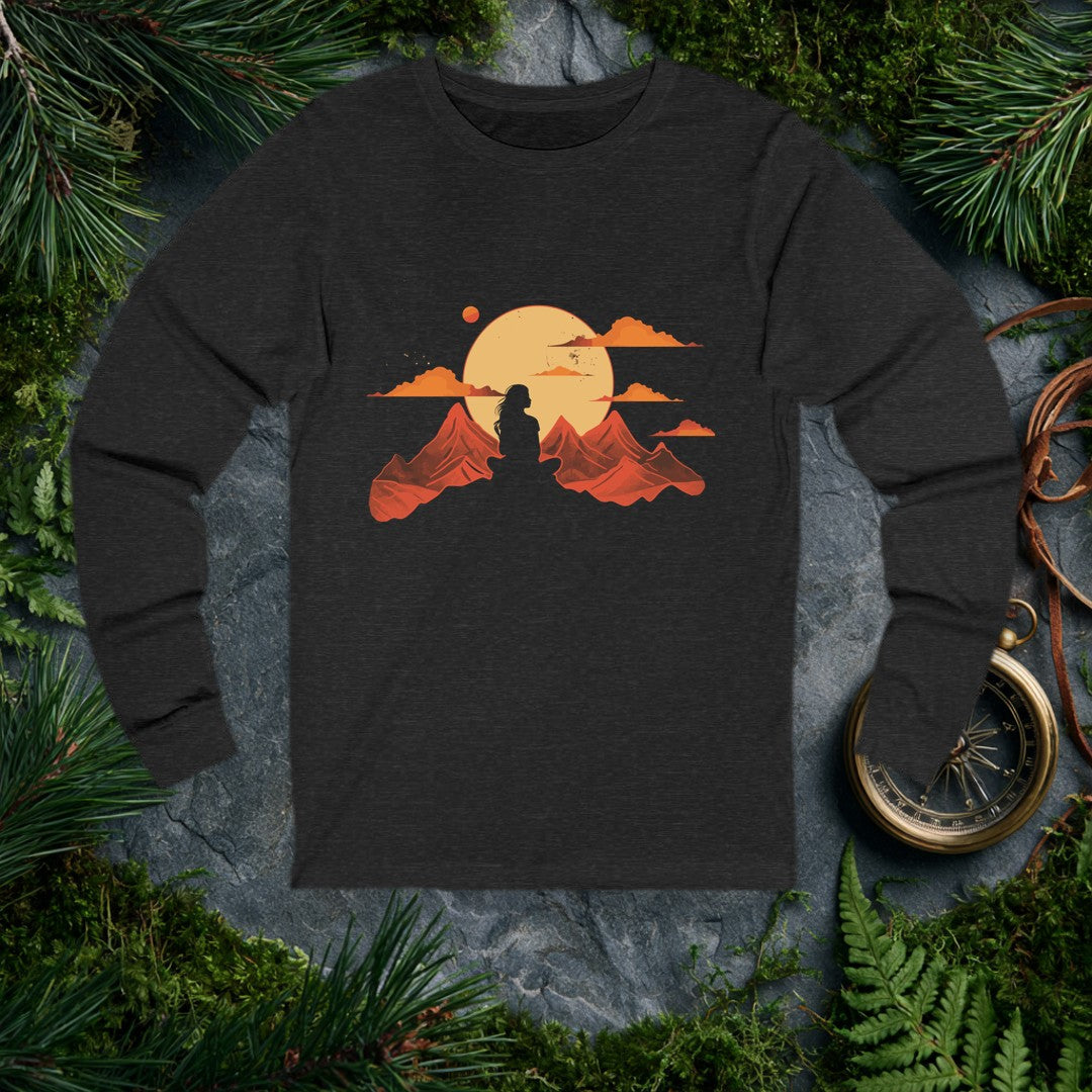 A woman's silhouette stands between red rock peaks beneath a wide amber sun — the feeling of finally cresting a ridge and having the whole horizon to yourself.…