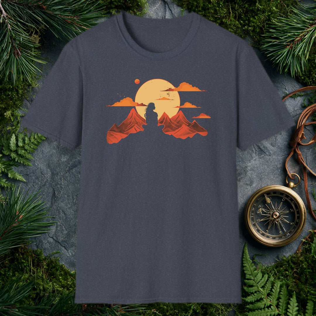 A woman's silhouette stands between red rock peaks beneath a wide amber sun — the feeling of finally cresting a ridge and having the whole horizon to yourself.…