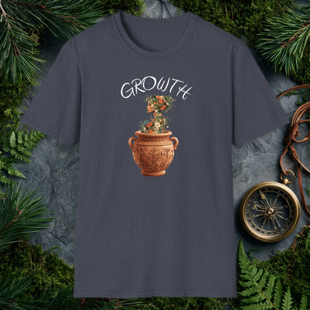 A woman's silhouette rises from an ornate terracotta urn, her form woven through with climbing roses, white dahlias, and trailing greenery — made for the…