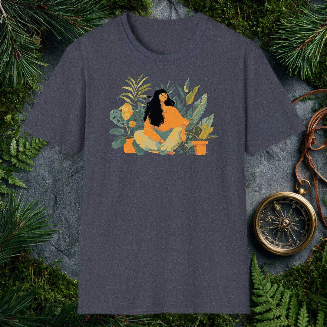illustrated woman with long dark hair sitting cross-legged among monstera, fiddle-leaf fig, and palm houseplants, eyes c