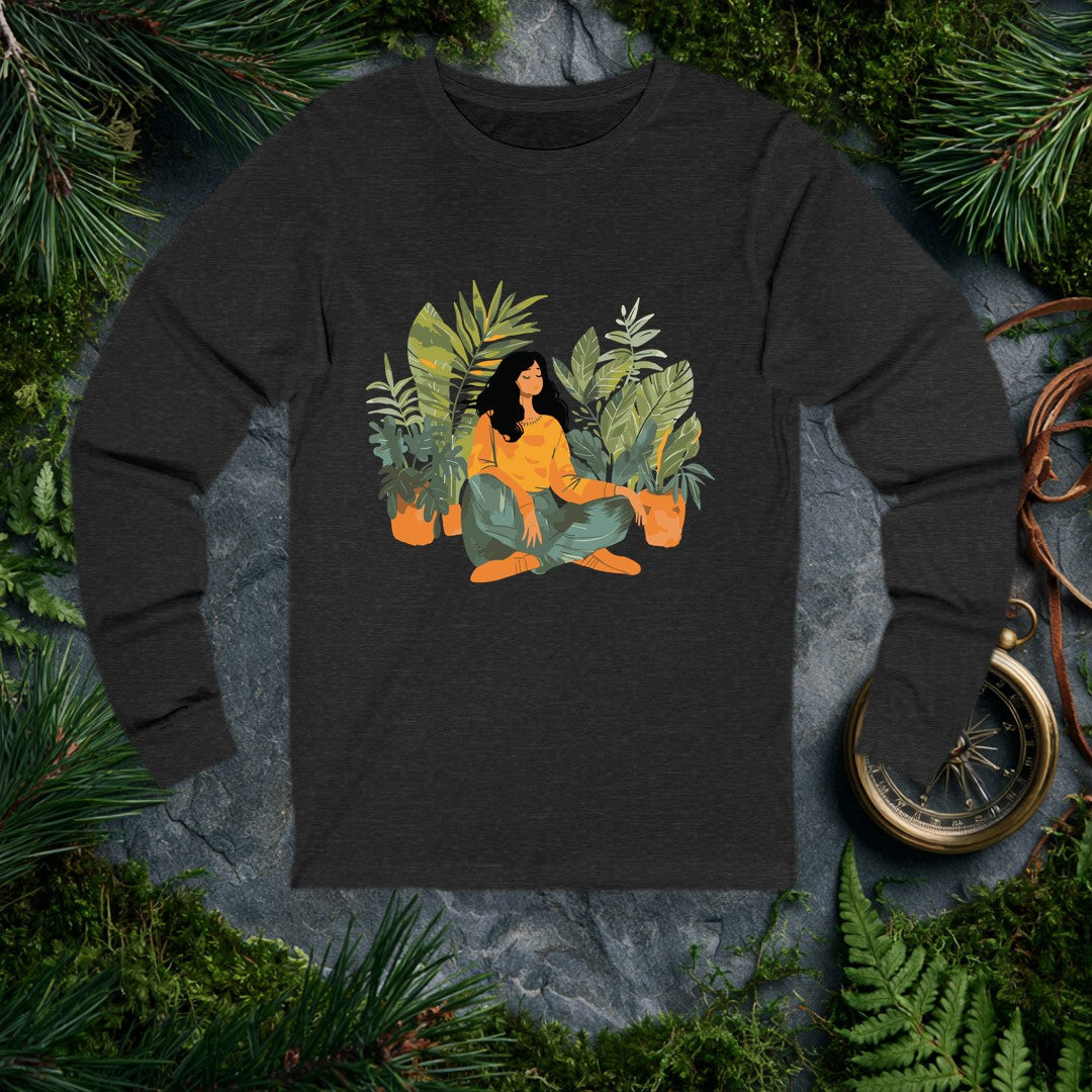 A woman sits cross-legged in a lush tangle of tropical houseplants — monstera, palm, and banana leaf — eyes closed, hands resting easy. For the plant lover who…