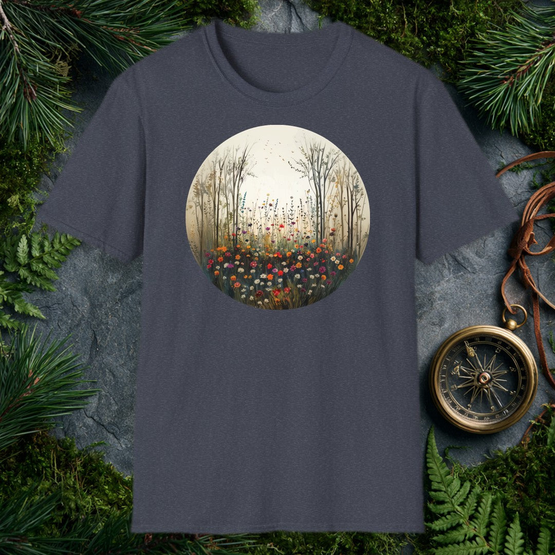 circular watercolor painting of bare trees framing a colorful wildflower meadow with birds rising into a pale sky