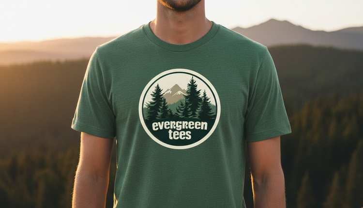 Collection banner — T-Shirts: person wearing an Evergreen Tees logo tee, golden-hour mountains