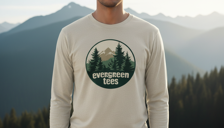Collection banner — Long-Sleeve Tees: person in an Evergreen Tees logo long-sleeve, misty mountains