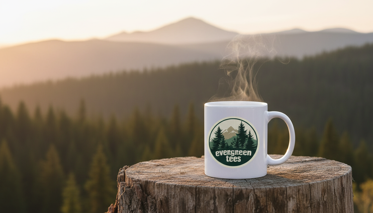 Collection banner — Mugs: white Evergreen Tees logo mug steaming on a stump, golden-hour mountains