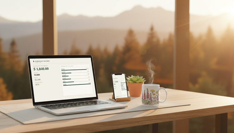 Collection banner — Trackers: laptop, iPhone and mug on a desk with the budget dashboard, mountain view