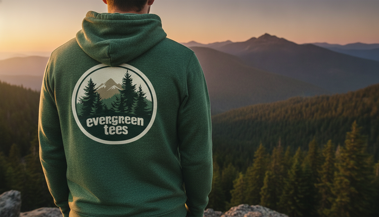 Collection banner — Hoodies: person from behind wearing an Evergreen Tees hoodie, mountain vista