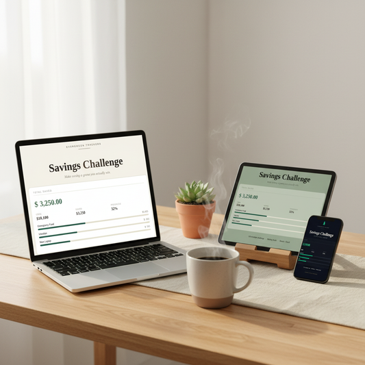 Savings Challenge Tracker shown in 3 styles on a laptop, tablet and phone on a home-office desk