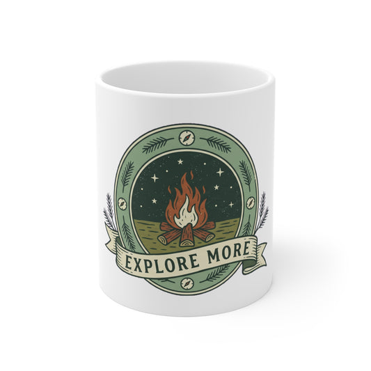Original hand-drawn designs inspired by nature and the outdoors, from Evergreen Tees. The Explore More Campfire Badge design, made to order by Evergreen Tees.
