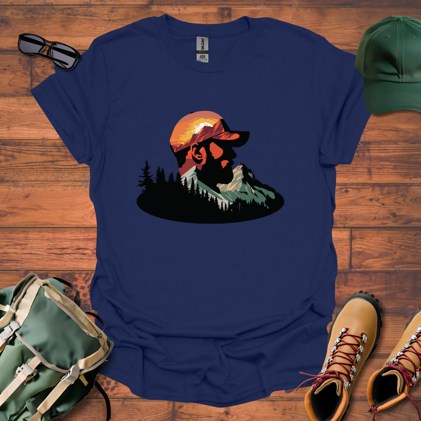 Hiker Man Trees Mountain Tee - Unisex Softstyle T-Shirt