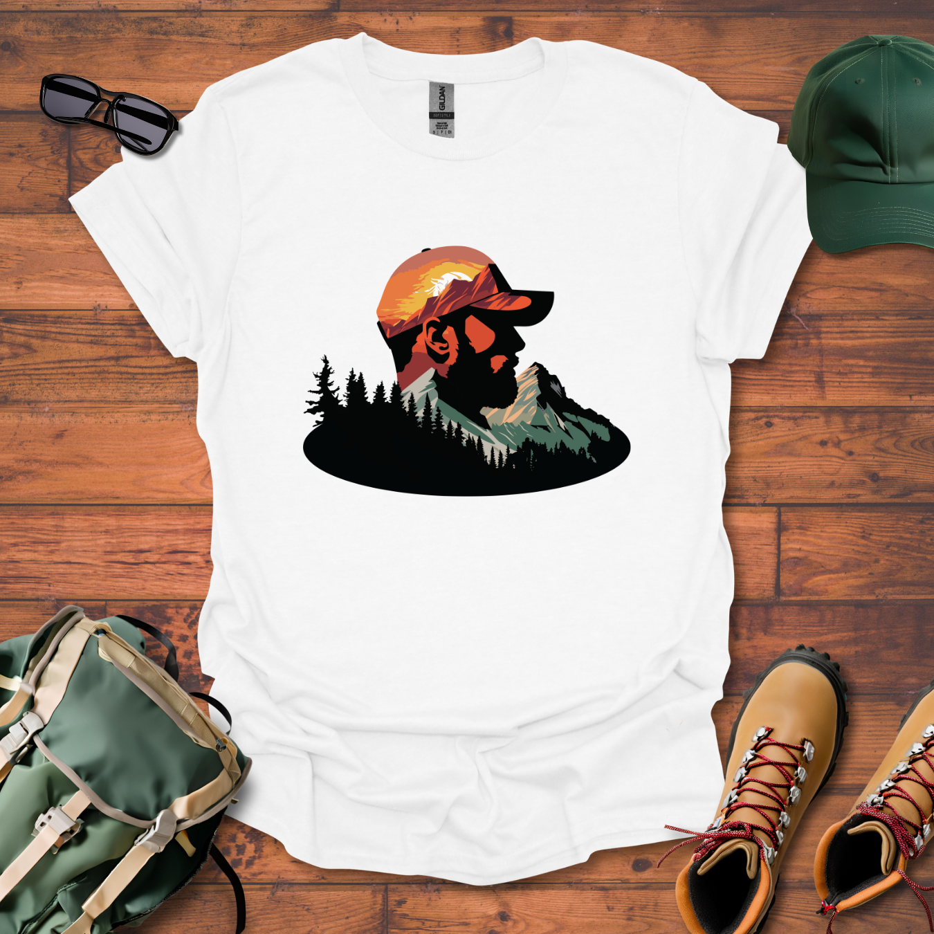 Hiker Man Trees Mountain Tee - Unisex Softstyle T-Shirt