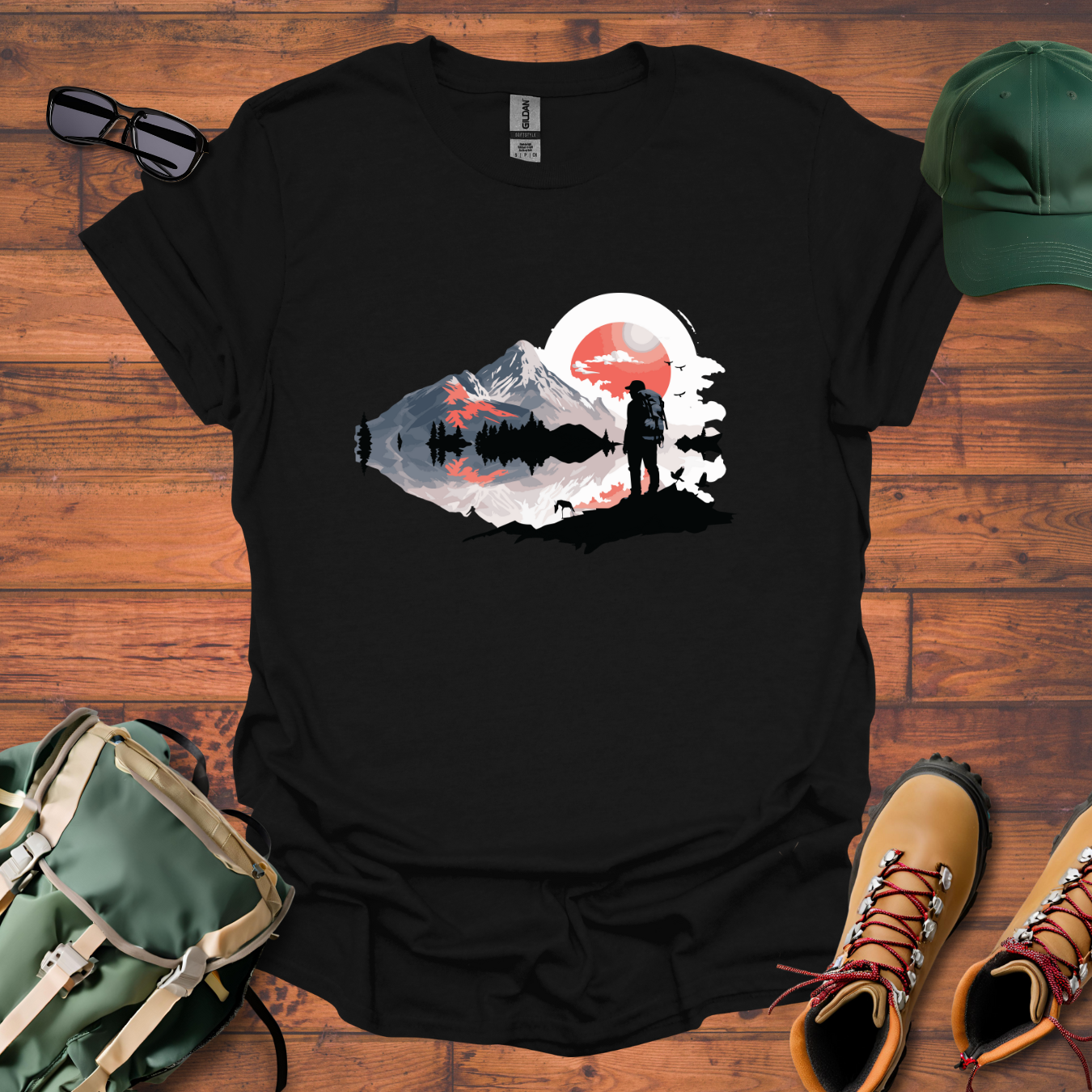 Hiker Man Water Mountains Tee - Unisex Softstyle T-Shirt