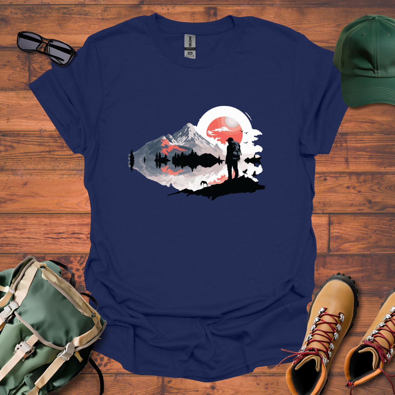 Hiker Man Water Mountains Tee - Unisex Softstyle T-Shirt