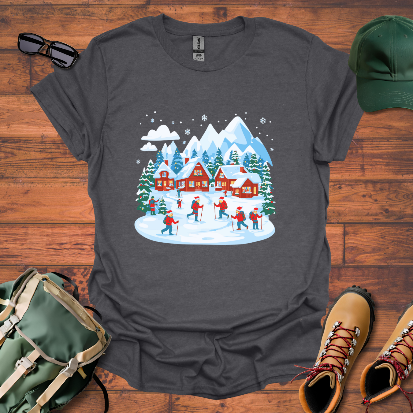 Christmas Village Skiing Tee - Unisex Softstyle T-Shirt
