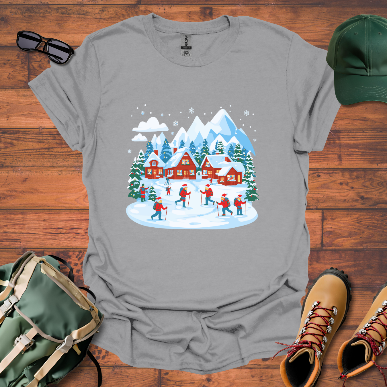 Christmas Village Skiing Tee - Unisex Softstyle T-Shirt