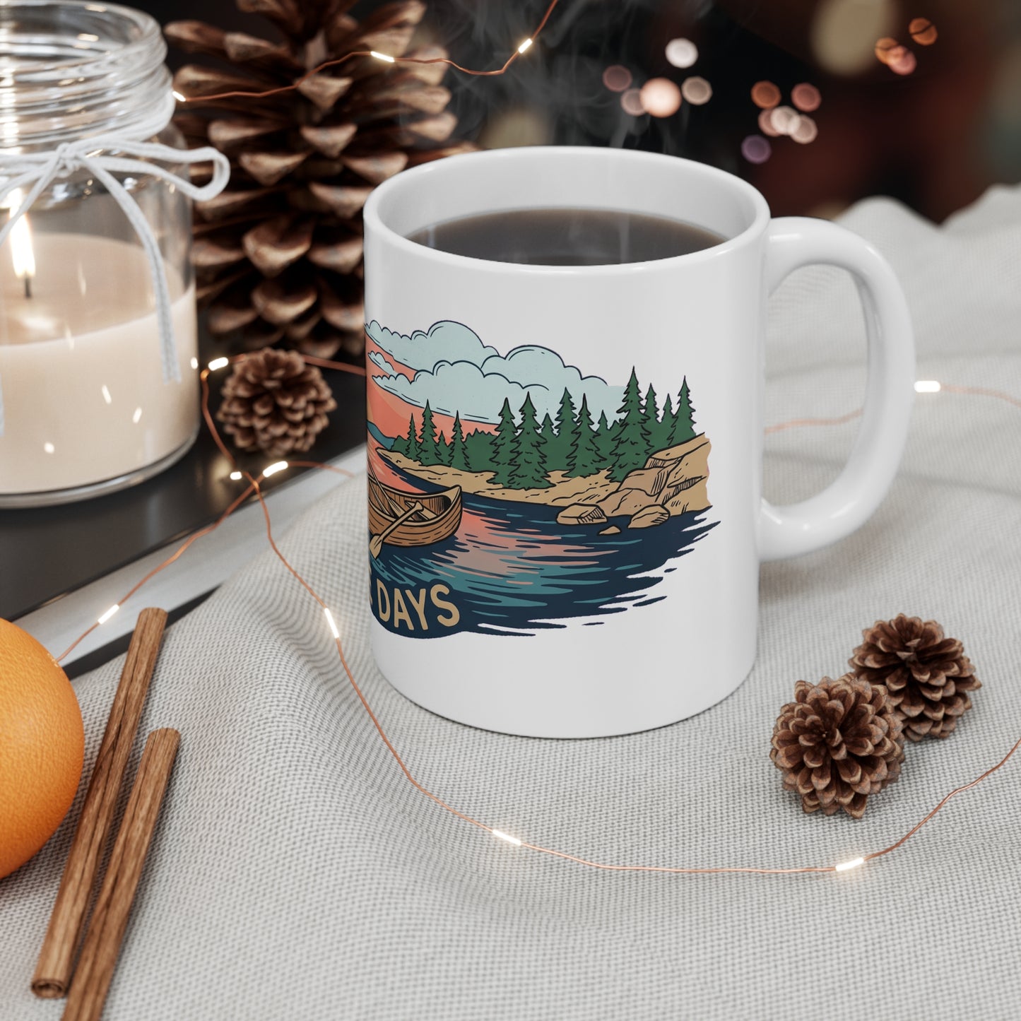 Original hand-drawn designs inspired by nature and the outdoors, from Evergreen Tees. The Lake Days Canoe Sunset design, made to order by Evergreen Tees.
