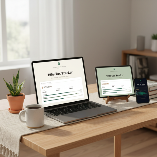 Freelancer & 1099 Tax Tracker shown in 3 styles on a laptop, tablet and phone on a home-office desk