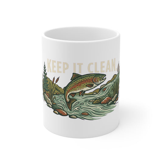 Original hand-drawn designs inspired by nature and the outdoors, from Evergreen Tees. The Keep It Clean River Trout design, made to order by Evergreen Tees.
