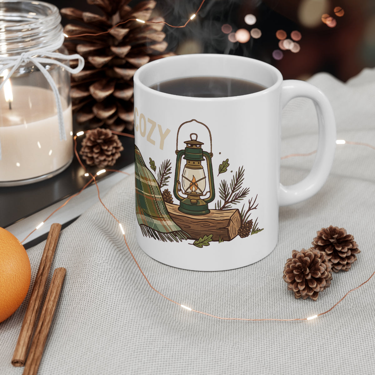 Original hand-drawn designs inspired by nature and the outdoors, from Evergreen Tees. The Stay Cozy Firewood & Lantern design, made to order by Evergreen Tees.