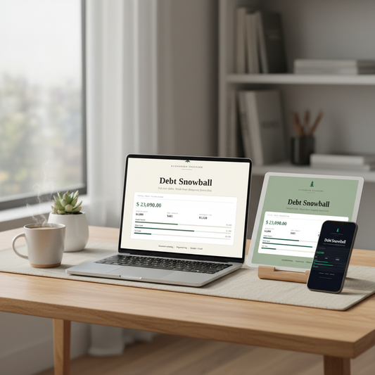 Debt Snowball Tracker shown in 3 styles on a laptop, tablet and phone on a home-office desk