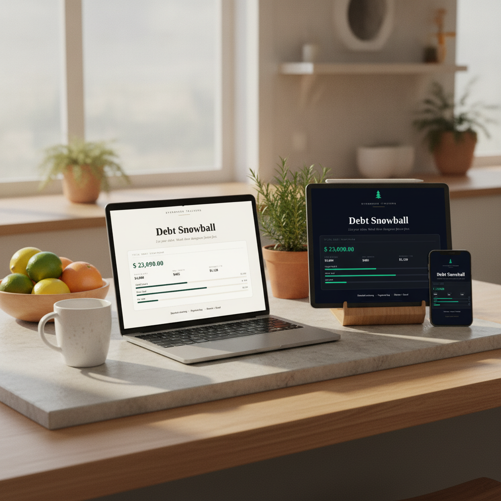Debt Snowball Tracker in Clean Girl, Editorial and Dark Mode styles on a kitchen counter