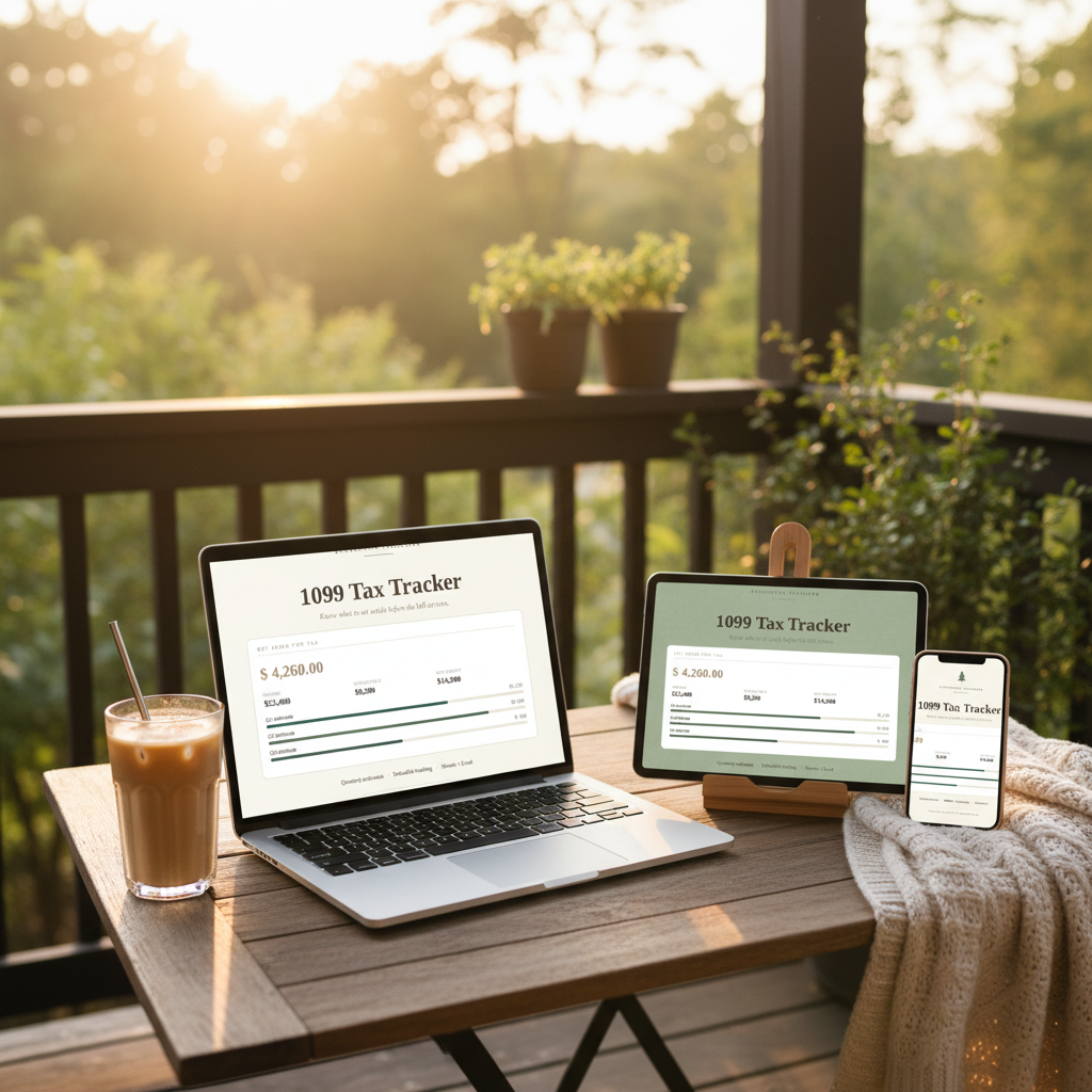 Freelancer & 1099 Tax Tracker in Minimalist, Cottagecore and Clean Girl styles on a porch table