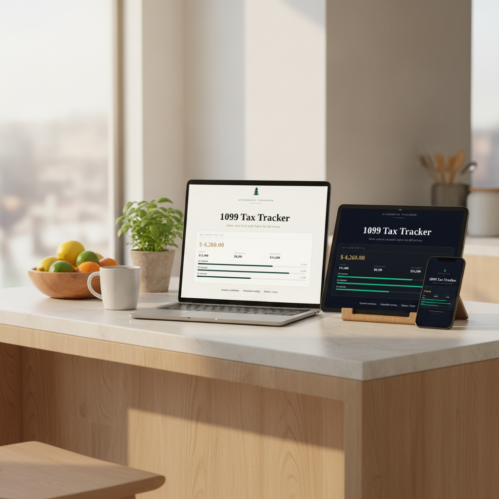 Freelancer & 1099 Tax Tracker in Clean Girl, Editorial and Dark Mode styles on a kitchen counter