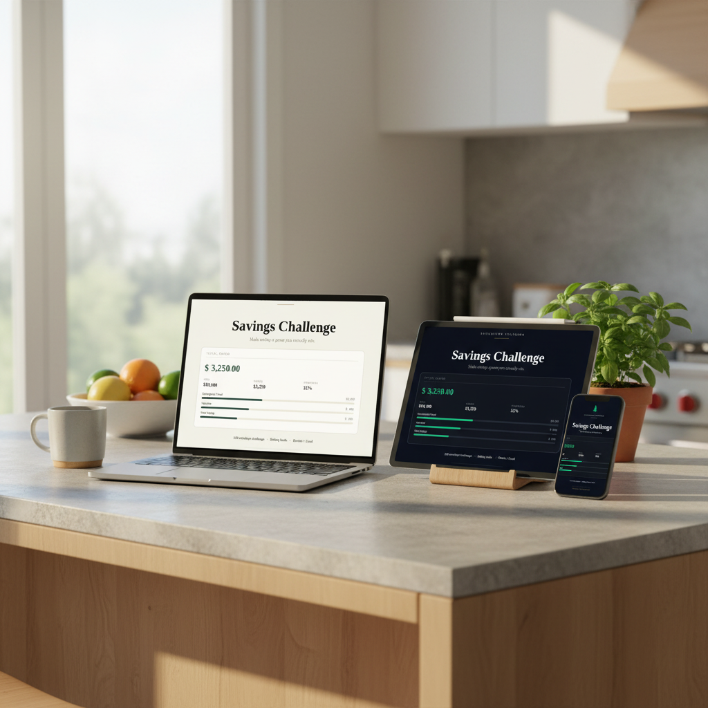 Savings Challenge Tracker in Clean Girl, Editorial and Dark Mode styles on a kitchen counter