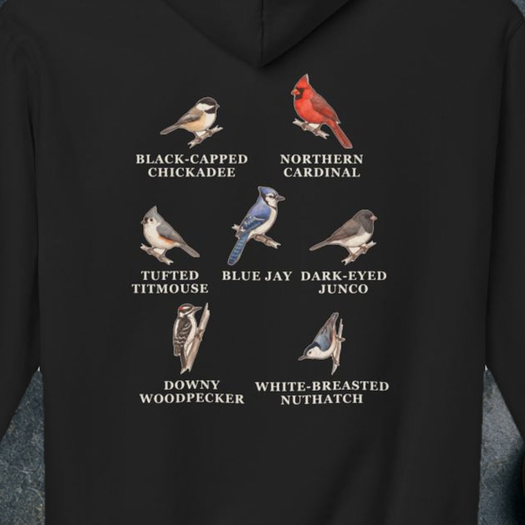 Backyard Winter Birds hoodie, Black