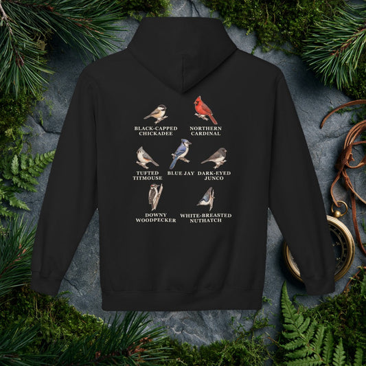 Backyard Winter Birds hoodie, Black