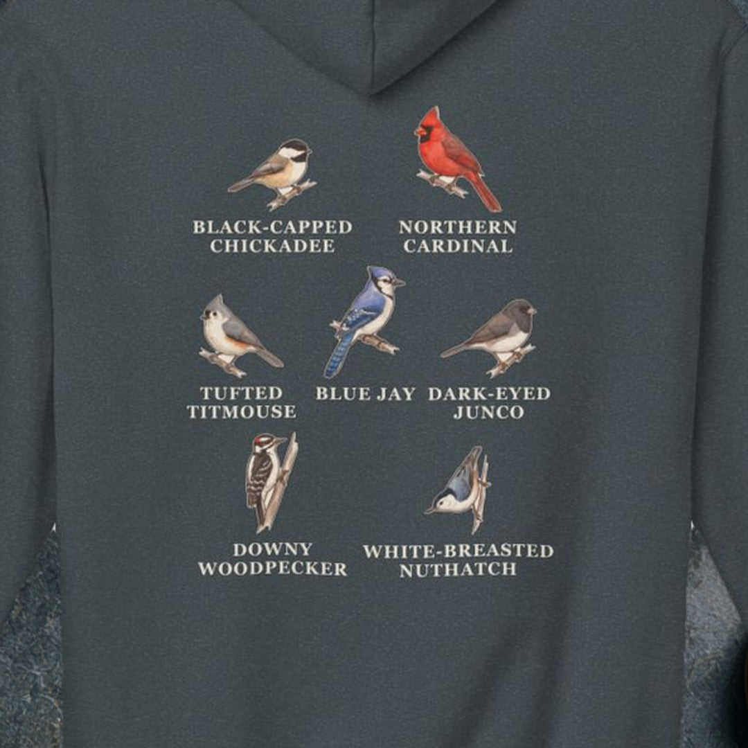 Backyard Winter Birds hoodie, Dark Heather