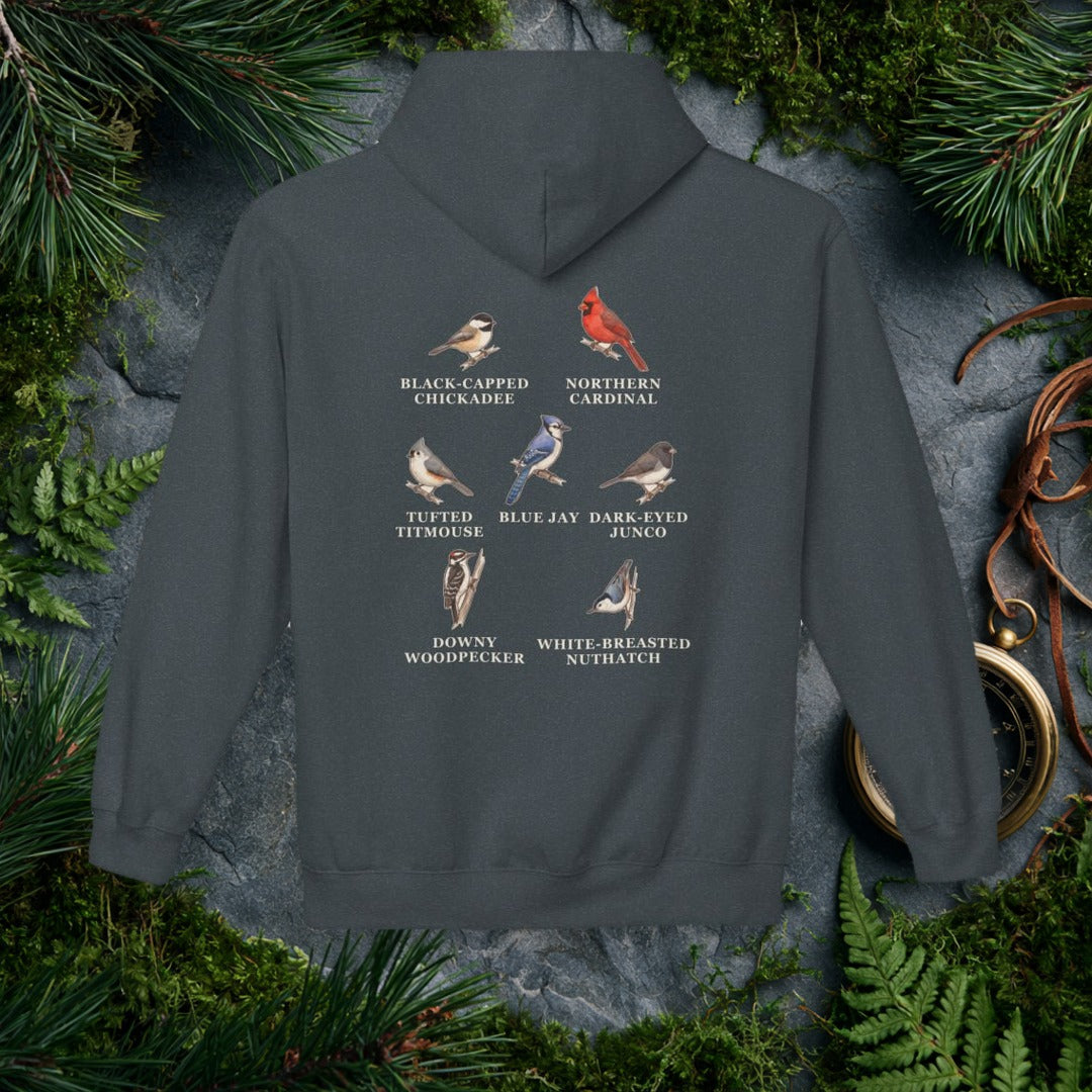 Backyard Winter Birds hoodie, Dark Heather