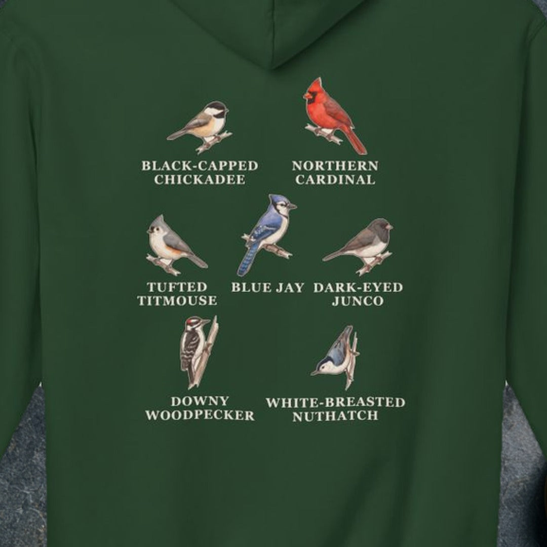 Backyard Winter Birds hoodie, Forest Green