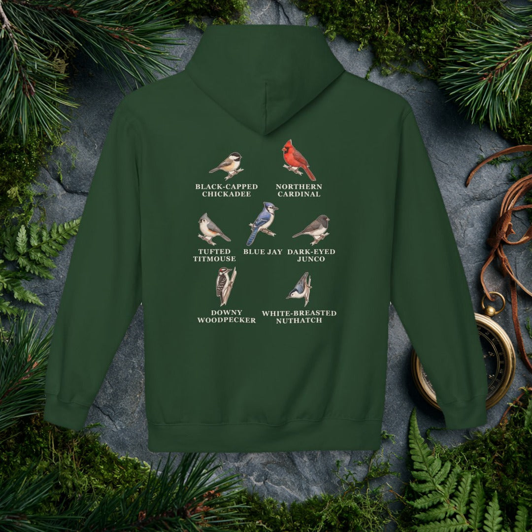 Backyard Winter Birds hoodie, Forest Green