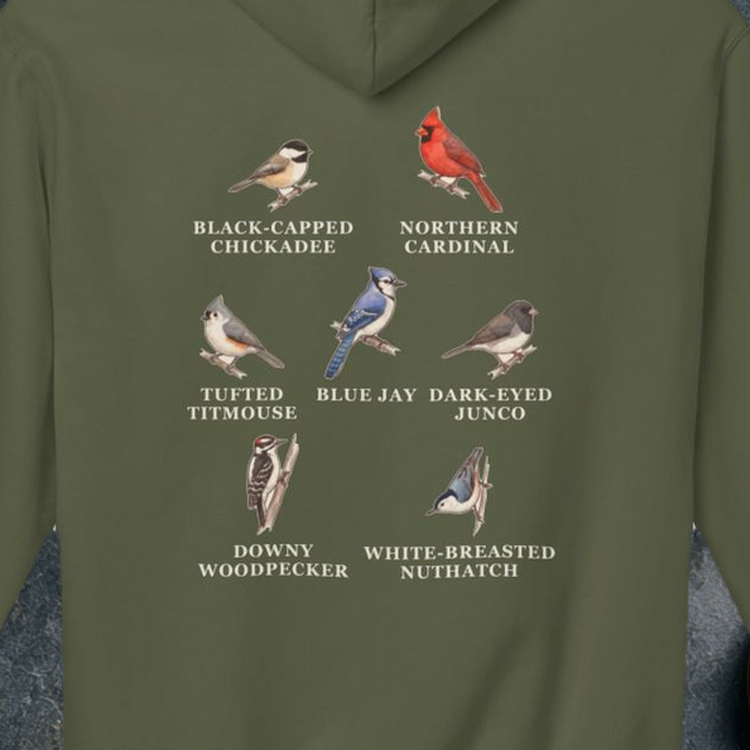 Backyard Winter Birds hoodie, Military Green