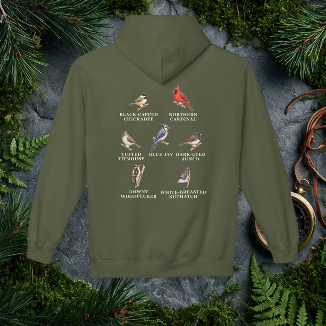 Backyard Winter Birds hoodie, Military Green