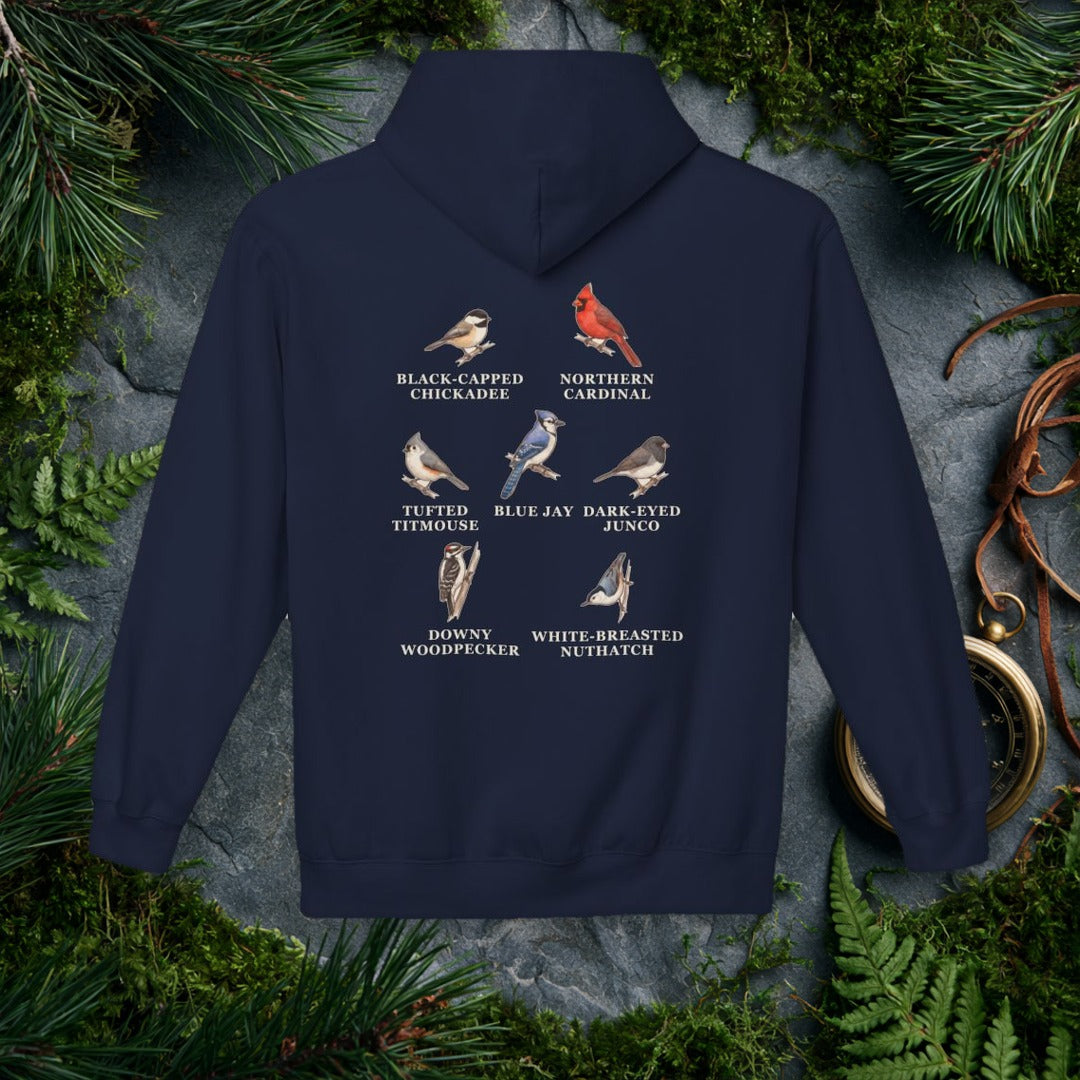 Backyard Winter Birds hoodie, Navy