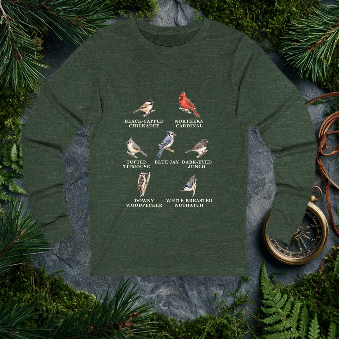 Backyard Winter Birds long sleeve, Heather Forest