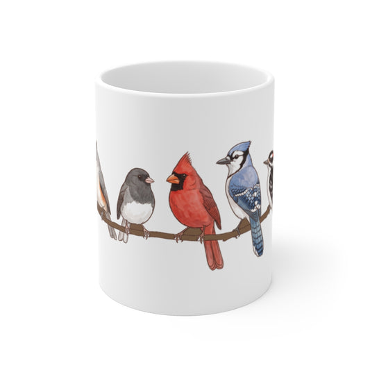 Backyard Winter Birds mug, front view