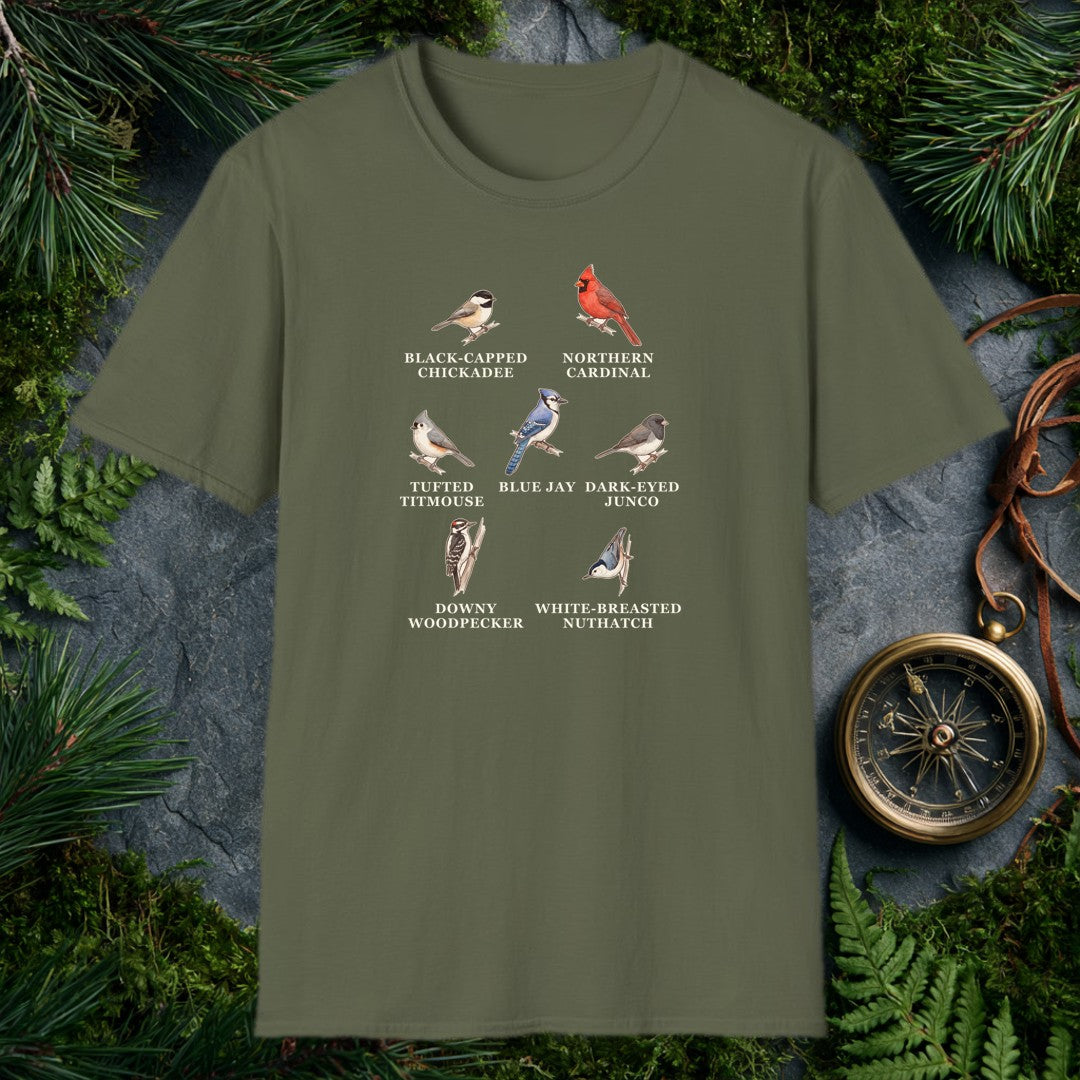 Backyard Winter Birds tee, Military Green