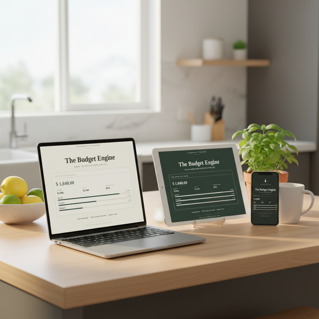 The Budget Engine budget tracker in Clean Girl, Editorial and Dark Mode styles on a kitchen counter