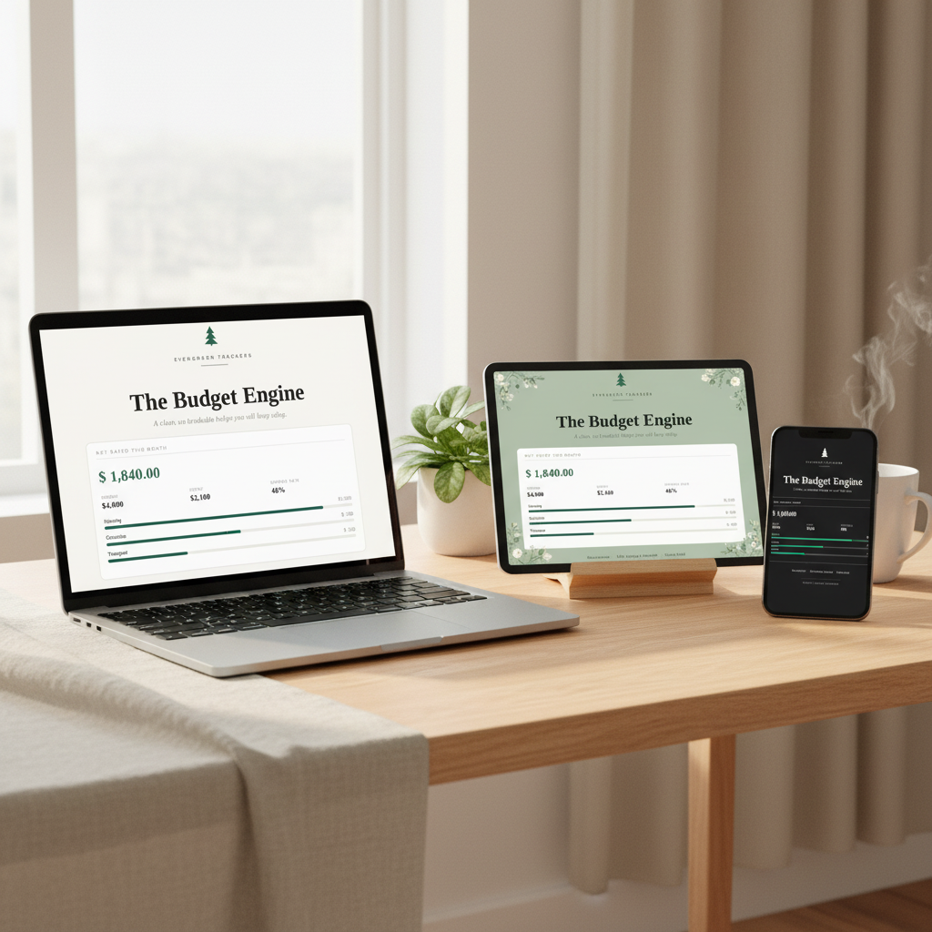 The Budget Engine tracker shown in 3 styles on a laptop, tablet and phone on a home-office desk