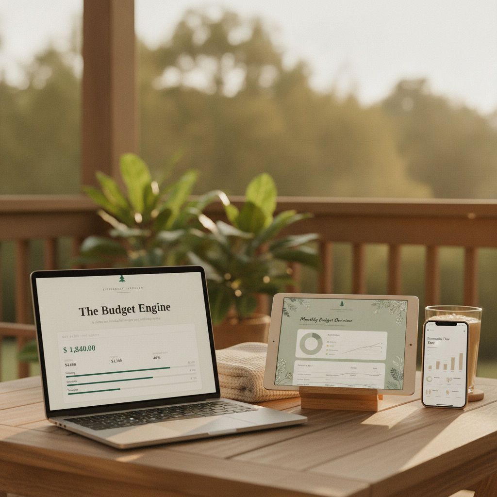The Budget Engine budget tracker in Minimalist, Cottagecore and Clean Girl styles on a porch table