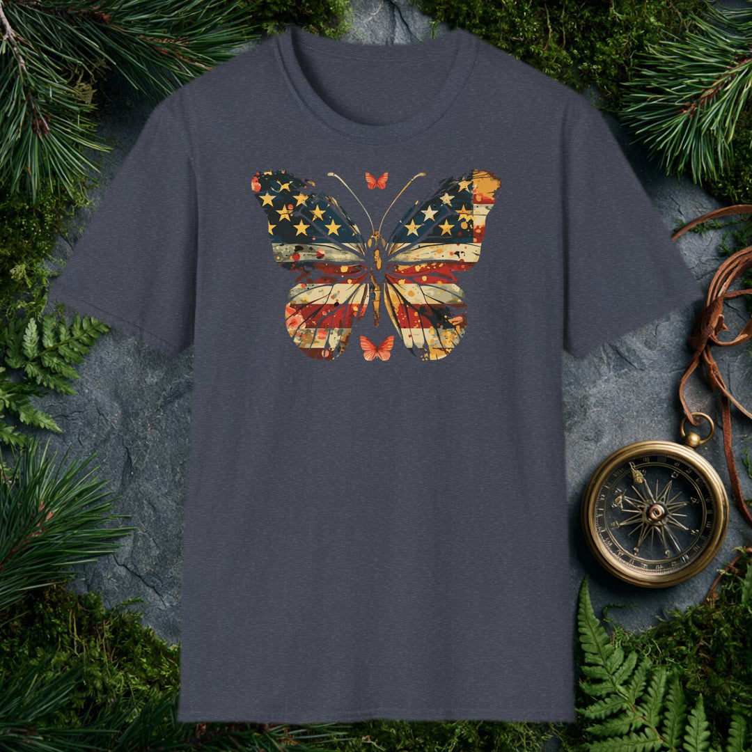 large butterfly with American flag stars and stripes in distressed navy, red, and gold watercolor paint splatter style